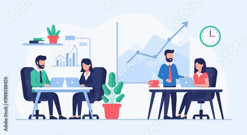 Colleagues collaborate at desks, laptops open, near charts and a clock, symbolizing teamwork