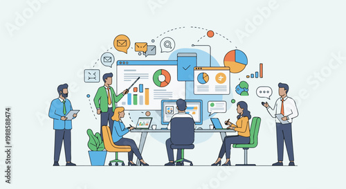 Diverse team collaborating around a table, presenting data and ideas visually