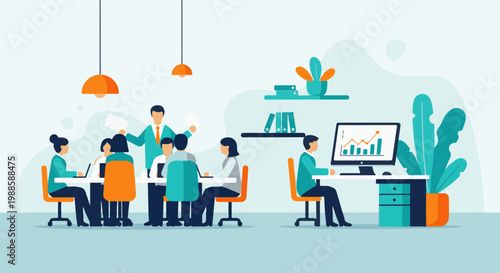 Modern office space with people collaborating around a table and one individual working at a desk