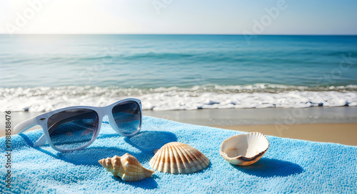 Relaxing Beach Scene with Sunglasses and Seashells by the Shore Vector, illustration