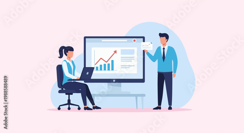 Two colleagues analyze financial data on a monitor