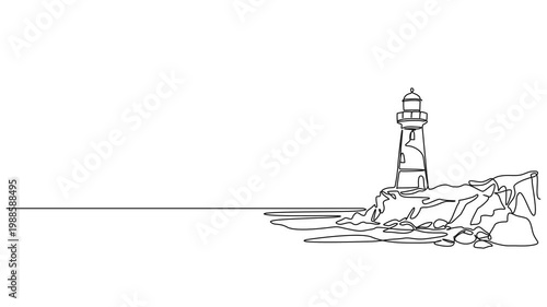 animated continuous line drawing of an old lighthouse on a cliff, line art animation