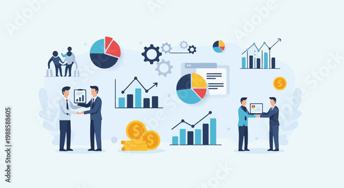 Business professionals in suits shaking hands, reviewing charts, and discussing finances