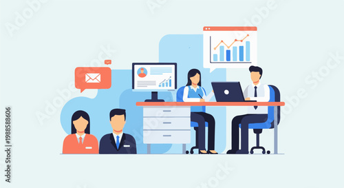 Office scene with people working on computers and analyzing data charts