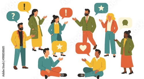 Diverse group communicating with speech bubbles