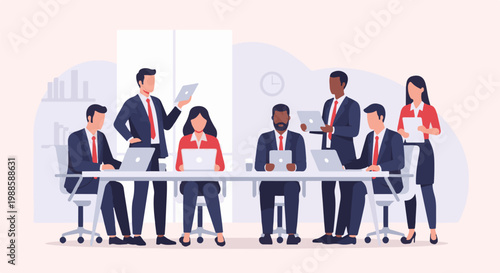Diverse professionals collaborate around a modern conference table, engaged with laptops