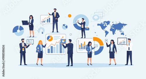 Business professionals collaborate on global data analysis with charts and world map visuals