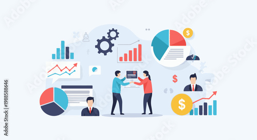 Business meeting with charts, graphs, people, and money symbols