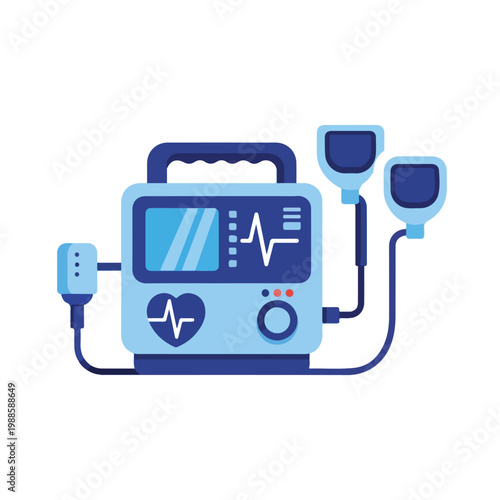 This vector illustration features a blue medical defibrillator with a heart monitor screen and paddles, perfect for healthcare and emergency themes.