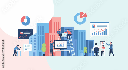 Business professionals collaborate on charts and graphs in an urban office setting