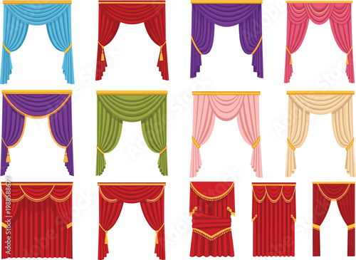 Large Collection of Colorful Theater Curtains and Luxury Stage Drapes with Golden Tassels for Cinema Backdrop, Opera House Performance, and Event Graphic Designs