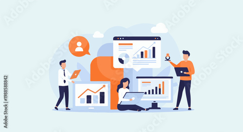 Colleagues collaborate on data analysis using laptops and digital displays