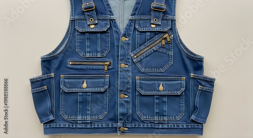 Vintage Style Blue Denim Work Vest with Multiple Pockets and Buckle Details Vector, illustration