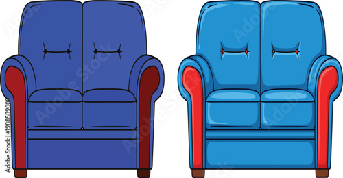 Set of Comfortable Blue and Light Blue Armchair Vectors with Red Details for Living Room Interior Design, Home Furniture Catalogs, and Real Estate Marketing