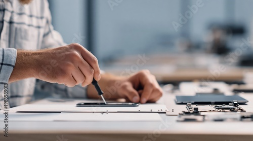 Electronics technician working at a repairable device bench for sustainability and right-to-repair campaign. AI generative