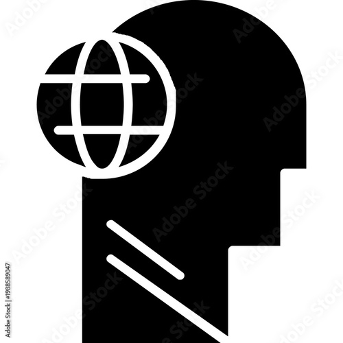 A human head with a globe icon in flat style, viewed from a side angle, representing global thinking, international knowledge, and connected intelligence.