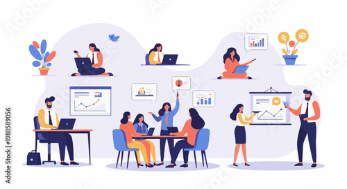 Diverse professionals collaborate in a modern office setting, analyzing data and sharing ideas