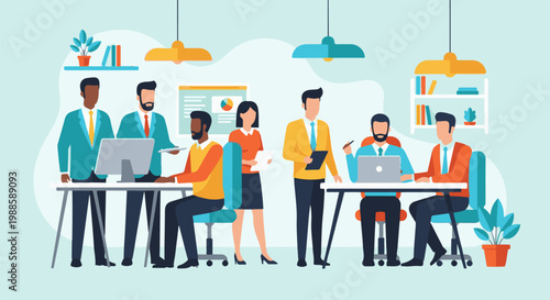 Diverse professionals collaborate in a modern office setting, engaged in discussion and work