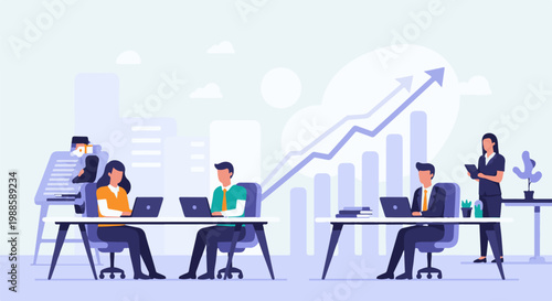 Modern office workers collaborate with a rising graph symbolizing business growth and success