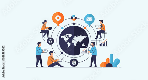 Global collaboration among diverse individuals working on laptops, charts, and communication icons