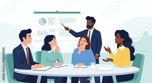 Diverse colleagues in business attire attend a presentation with charts and graphs
