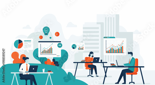 Business professionals analyzing data and working on laptops in a modern office setting