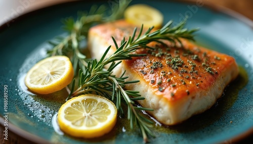 Two fillets of baked fish sit on a dark teal plate with lemon slices and fresh rosemary sprigs. The dish looks delicious and is ready to be served.