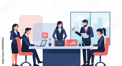 Business meeting with diverse professionals collaborating in a modern office space, presenting data