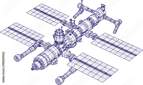 Modular space station with solar panels and robotic docking arms sketch vector illustration futuristic orbital habitat engineering design