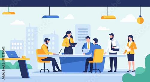 Professionals collaborate in a modern office meeting with cityscape backdrop