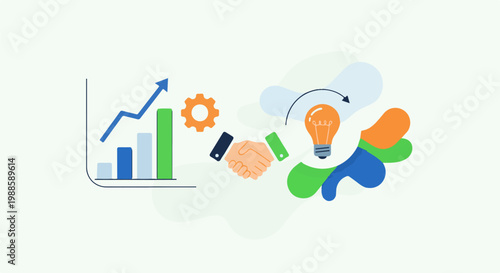 Abstract illustration of business growth, collaboration, and innovation with charts, handshake, and lightbulb