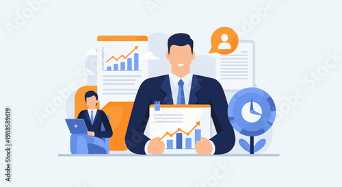 Business presentation with charts, data, a clock, and two figures in suits