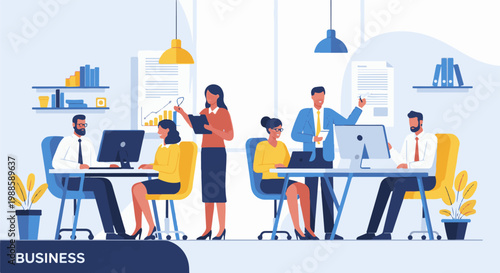 Office workers collaborate at desks with computers, charts and lamps