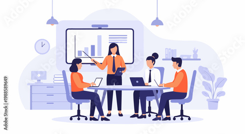 Business meeting with a presenter showing charts on a screen to colleagues