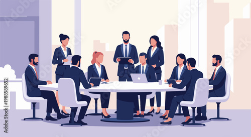A diverse group of professionals in suits attend a meeting around a large oval table in a modern office