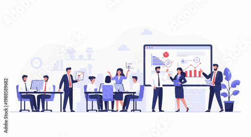 Diverse professionals collaborate in an office meeting, discussing charts and data on a large screen and laptops, fostering teamwork