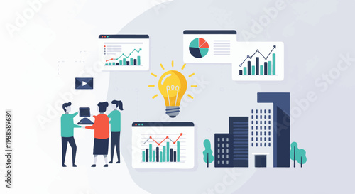 Business team analyzing data and having an idea, with city buildings and trees