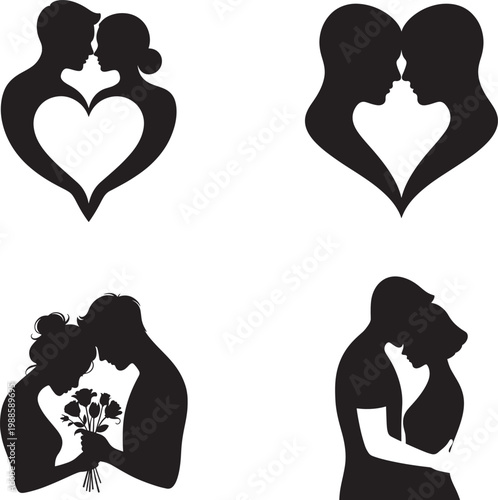 Black silhouettes of loving couples kissing and hugging