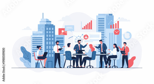 Office team meeting in modern city with data visualizations and buildings