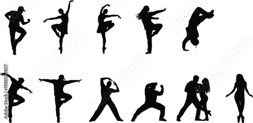 Dancing people silhouette set, hip hop, ballet dancer, breakdance, couple salsa, contemporary performance, street dance, urban style, athlete movement vector.