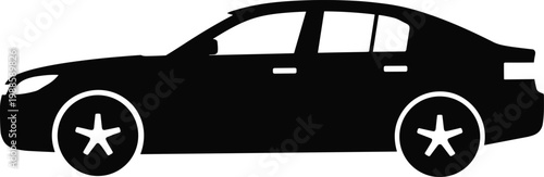Black Sedan Car Silhouette with Star Wheel Design on White Background Vector Graphic
