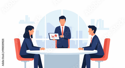 Three professionals in a meeting, one presenting a tablet with charts