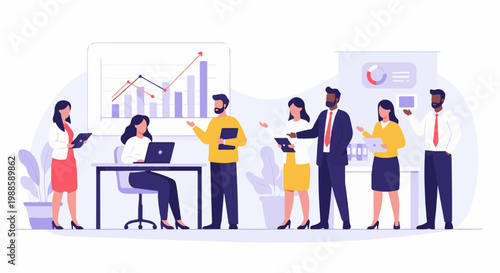 A diverse group of professionals collaborate in an office setting, reviewing data on screens and charts