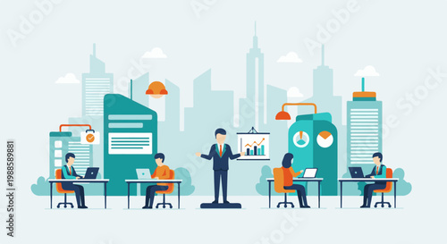 A dynamic office scene with individuals working at desks, and a presenter by a chart