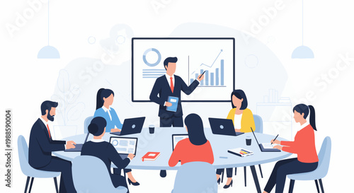 Diverse professionals gather around a table, discussing charts and graphs presented by a leader