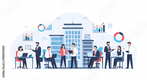 Business professionals collaborate around laptops and charts in front of modern office buildings