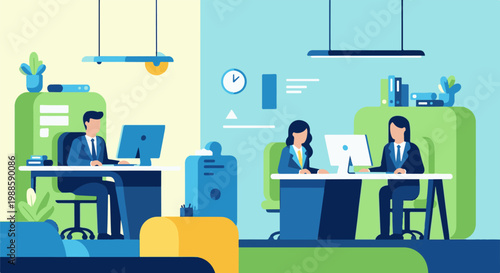 Office workers busy at their computers, a modern workspace