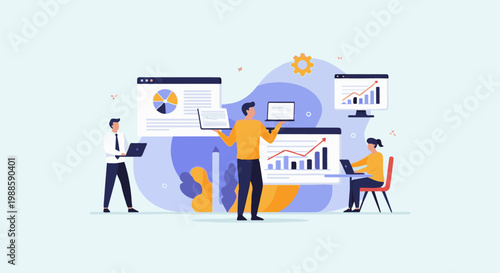 Business professionals analyze charts on laptops and monitors in a bright, modern office setting