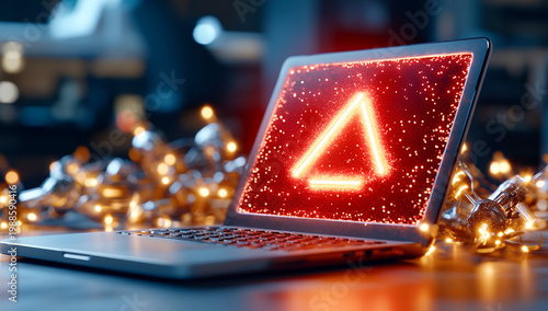 A glowing triangle warning symbol appears on a laptop screen, surrounded by warm holiday lights