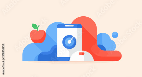 Abstract flat illustration with apple, gauge, and colorful blobs